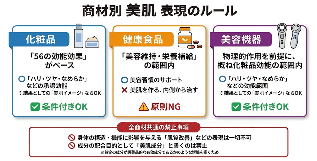 美肌表現は商材によって異なる。化粧品・美容機器は条件付き、健康食品は原則NG。